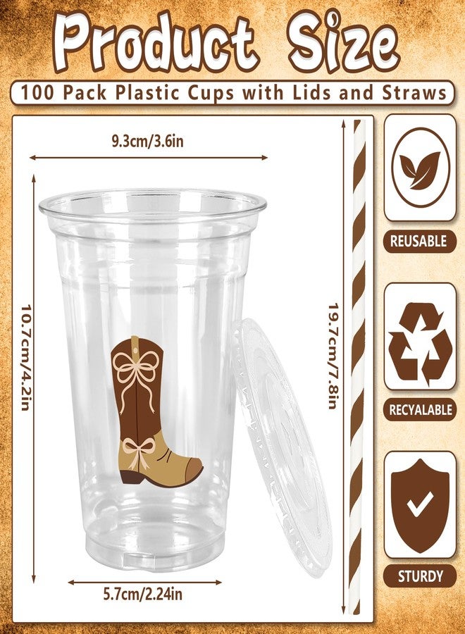 JarThenaAMCS مجموعة جارثينا إيه إم سي إس، 100 قطعة من أكواب رعاة البقر البلاستيكية مع أغطية وماصات، أكواب للاستخدام مرة واحدة، سعة 12 أونصة، كوب شرب بني اللون بتصميم أحذية رعاة البقر، مناسبة لحفلات أعياد الميلاد وحفلات استقبال المولود الجديد ذات الطابع الغربي، 4 تصاميم - Image 2